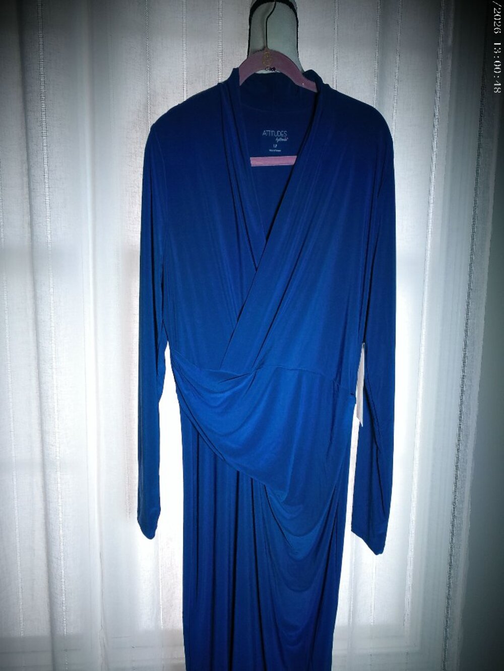 ATTITUDES by Renee Midi Dress V-Neck Surplice Front Flowy Navy Blue NWT LP